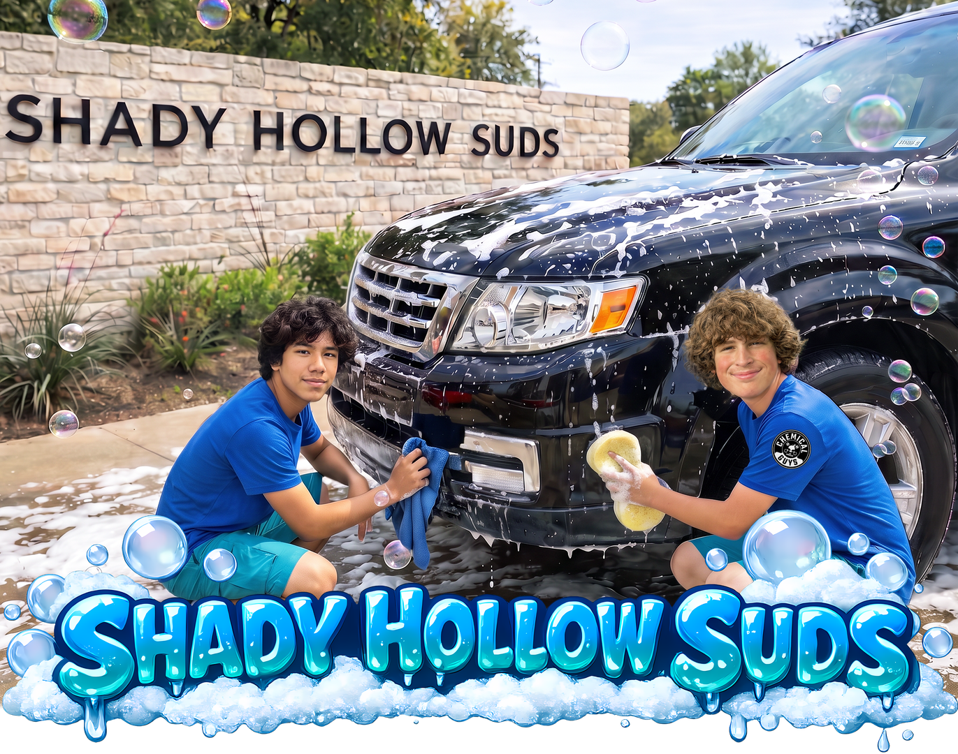 KJ and Coleton of Shady Hollow Suds washing a soapy black SUV in front of the Shady Hollow neighborhood entrance sign